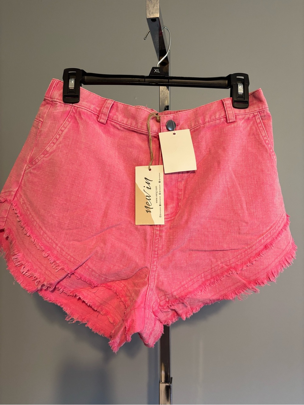 NEW IN hot‎ pink button shorts elastic in back double raw hem denim style shorts